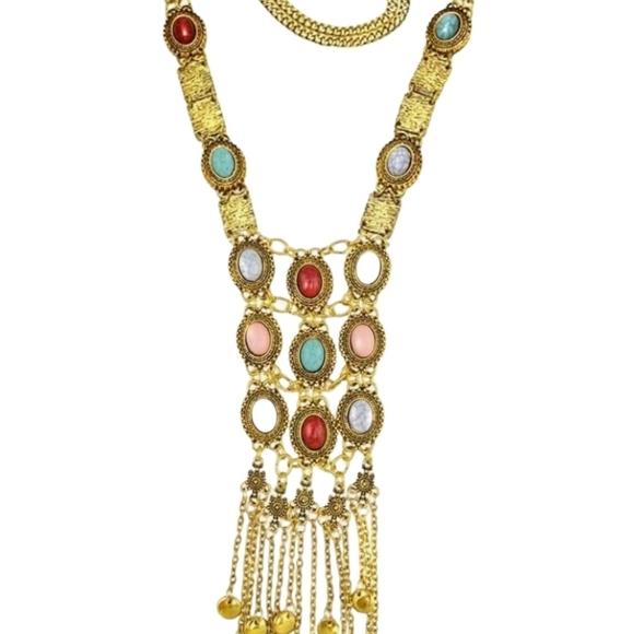Gold Turquoise Boho Statement Ethnic Tribal Long Necklace Bohemian Stone Gem - Picture 3 of 9